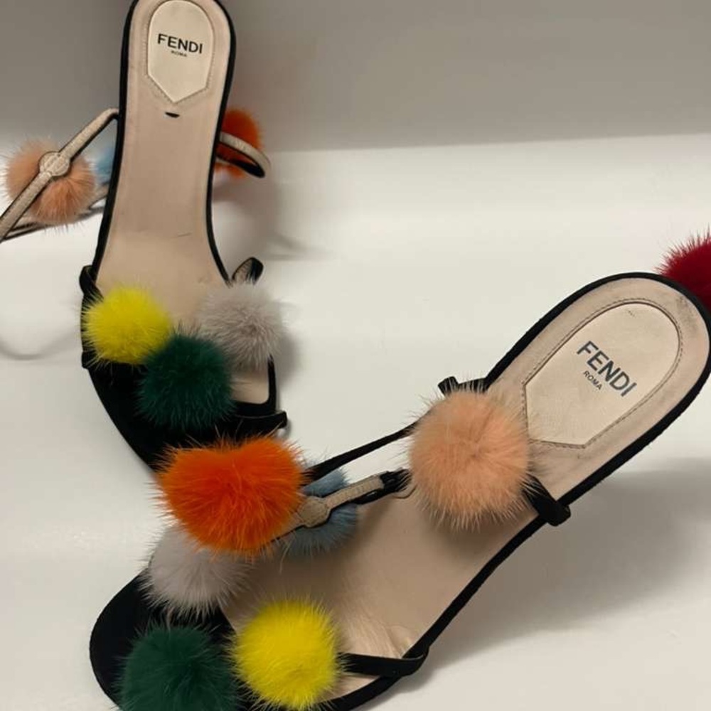 Fendi Black Sandals with Colorful Pom Poms